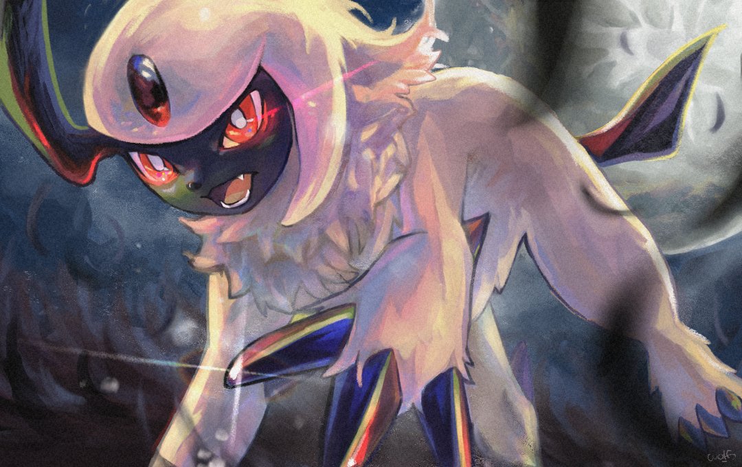 absol blurry bright_pupils claws commentary_request from_below gen_3_pokemon glowing glowing_eyes light_trail no_humans open_mouth pokemon pokemon_(creature) red_eyes solo teeth tongue urufin_(wolf_v3ewc) white_fur white_pupils