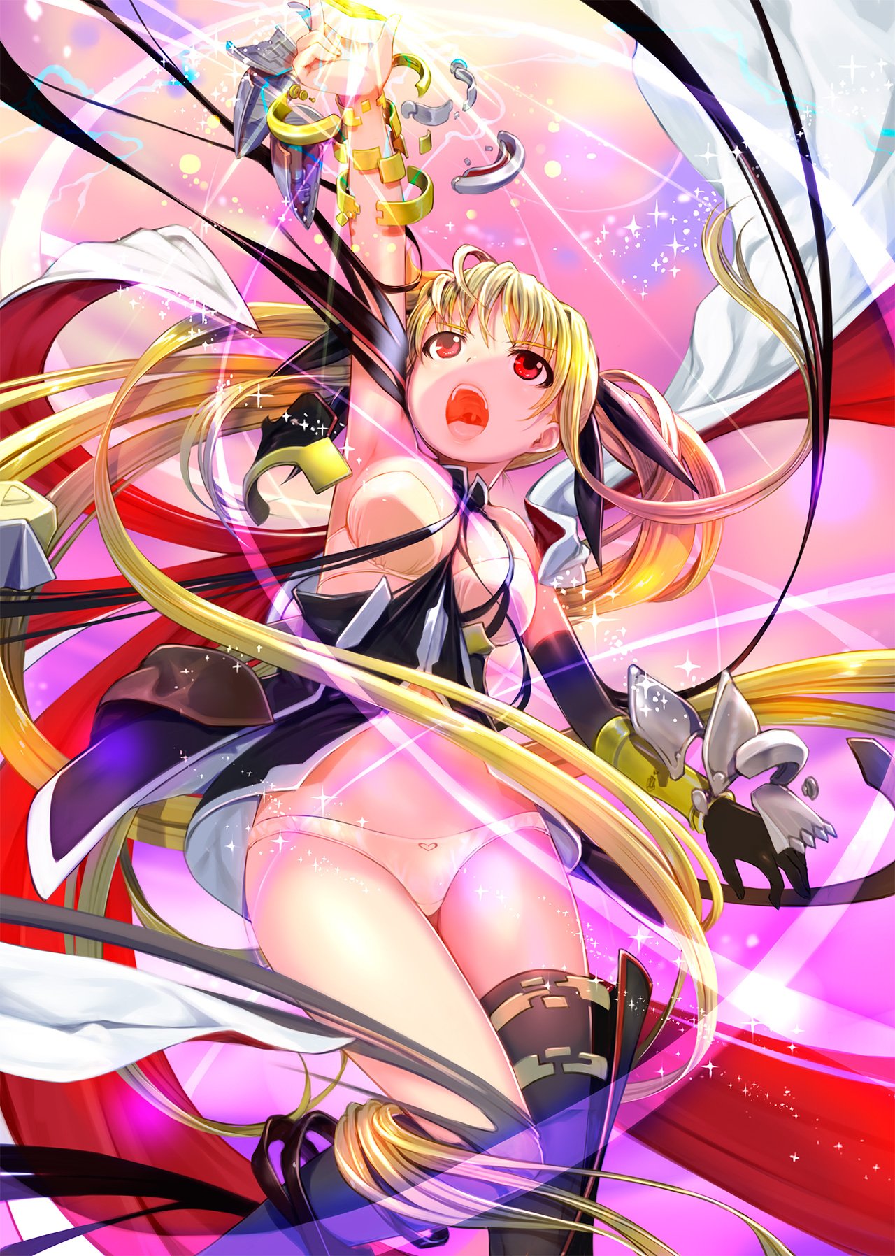 1girl black_gloves black_legwear blonde_hair bra breasts commentary_request elbow_gloves fate_testarossa gloves hair_ribbon henshin highres large_breasts long_hair looking_up lyrical_nanoha magical_girl mahou_shoujo_lyrical_nanoha mahou_shoujo_lyrical_nanoha_a's mikazuki_akira! open_mouth panties pink_background red_eyes ribbon shiny shiny_hair single_glove solo sparkle teeth thigh-highs tongue twintails underwear very_long_hair white_bra white_panties