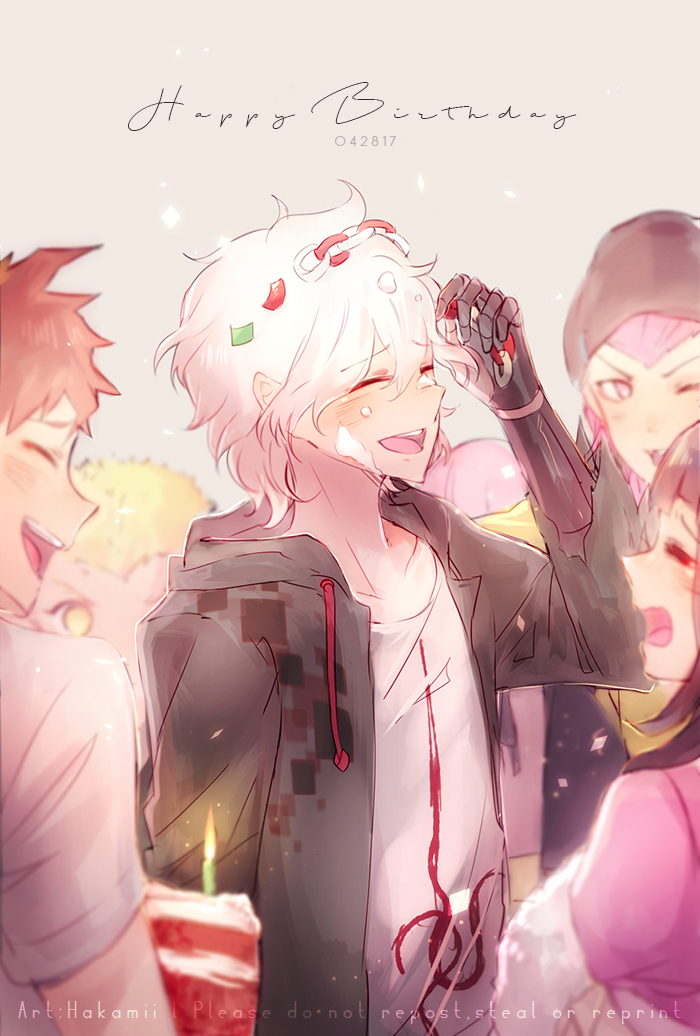 2girls 4boys :d ahoge bangs blonde_hair blush cake candle closed_eyes collarbone cream dangan_ronpa_(series) dangan_ronpa_2:_goodbye_despair dated dated_commentary food gloves green_jacket grey_hair hakamii happy_birthday hinata_hajime hood hood_down hooded_jacket jacket komaeda_nagito kuzuryuu_fuyuhiko looking_at_another looking_at_viewer male_focus mechanical_arms medium_hair multiple_boys multiple_girls nanami_chiaki one_eye_closed open_clothes open_jacket open_mouth pink_hair pink_shirt print_shirt repost_notice shiny shiny_hair shirt short_hair single_mechanical_arm smile solo_focus souda_kazuichi tsumiki_mikan white_hair yellow_eyes