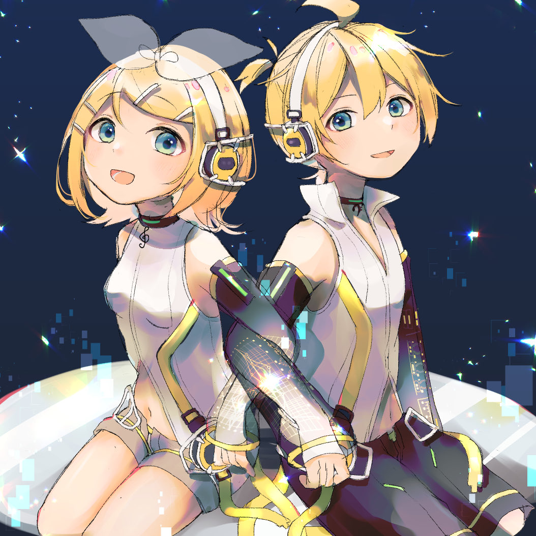 1boy 1girl aqua_eyes bangs bare_shoulders belt black_shorts black_sleeves blonde_hair bow commentary detached_sleeves grey_shorts hair_bow hair_ornament hairclip headphones kagamine_len kagamine_len_(append) kagamine_rin kagamine_rin_(append) locked_arms looking_at_viewer open_mouth pendant_choker sazanami_(ripple1996) see-through see-through_sleeves shirt short_hair short_ponytail short_shorts shorts side-by-side sitting sleeveless sleeveless_shirt smile sparkle spiky_hair swept_bangs vocaloid vocaloid_append white_shirt