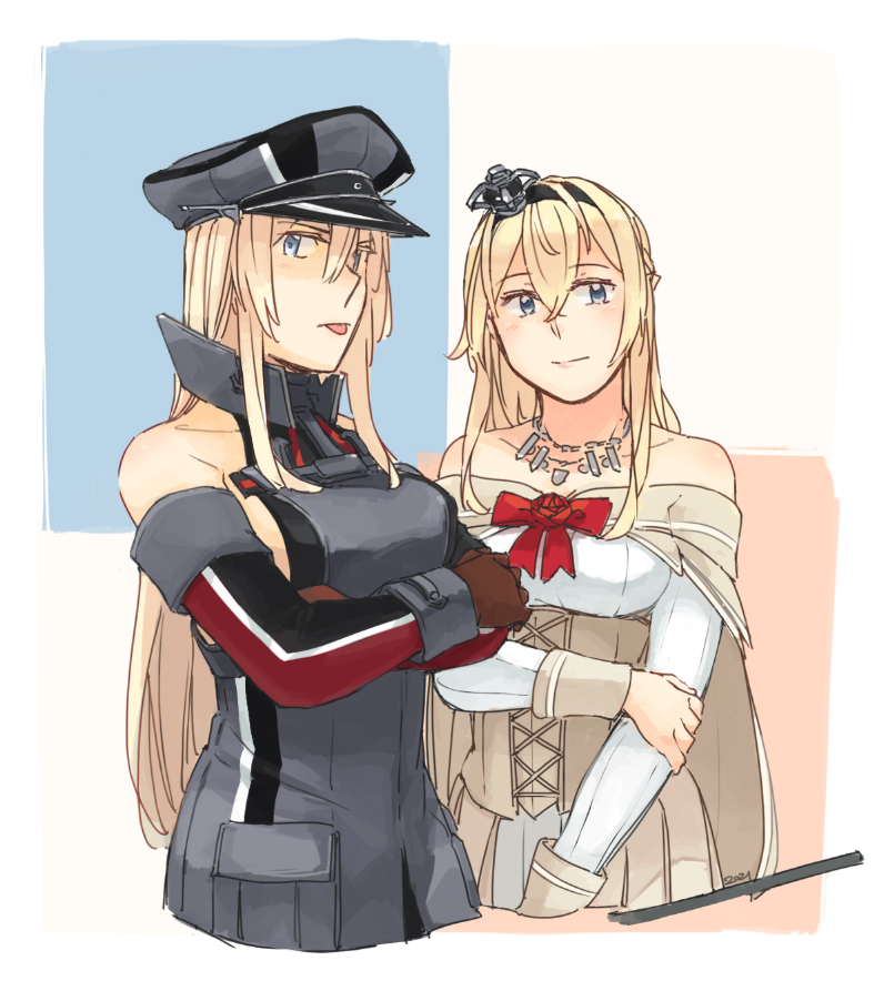 2girls bangs bismarck_(kancolle) blonde_hair bow breasts brown_gloves closed_mouth cropped_torso crossed_arms crown dress elbow_gloves gloves hair_between_eyes hat holding jewelry kantai_collection long_hair long_sleeves mini_crown multiple_girls necklace off-shoulder_dress off_shoulder peaked_cap simple_background sleeveless tongue tongue_out warspite_(kancolle) weidashming