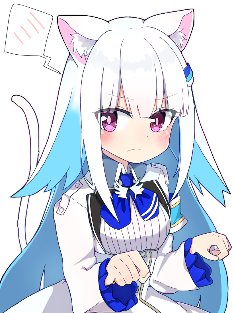 1girl angry animal_ear_fluff animal_ears blue_hair cat_ears cat_girl cat_tail closed_mouth embarrassed hair_ornament hairclip jacket lize_helesta looking_at_viewer multicolored_hair nijisanji paw_pose rabiiandrain simple_background solo spoken_blush tail upper_body violet_eyes virtual_youtuber white_background white_hair white_jacket