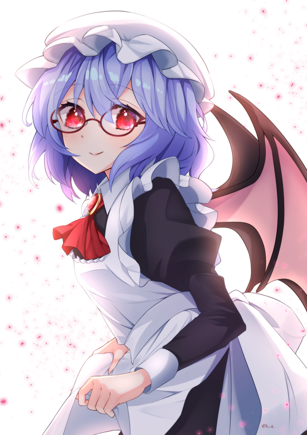 1girl akainoya_rayo apron ascot bat_wings black_dress bow breasts brooch cravat dress frilled_apron frills glasses hat hat_ribbon highres jewelry light_purple_hair maid mob_cap puffy_sleeves red_bow red_eyes red_ribbon remilia_scarlet ribbon short_hair small_breasts touhou valentine wings wrist_cuffs