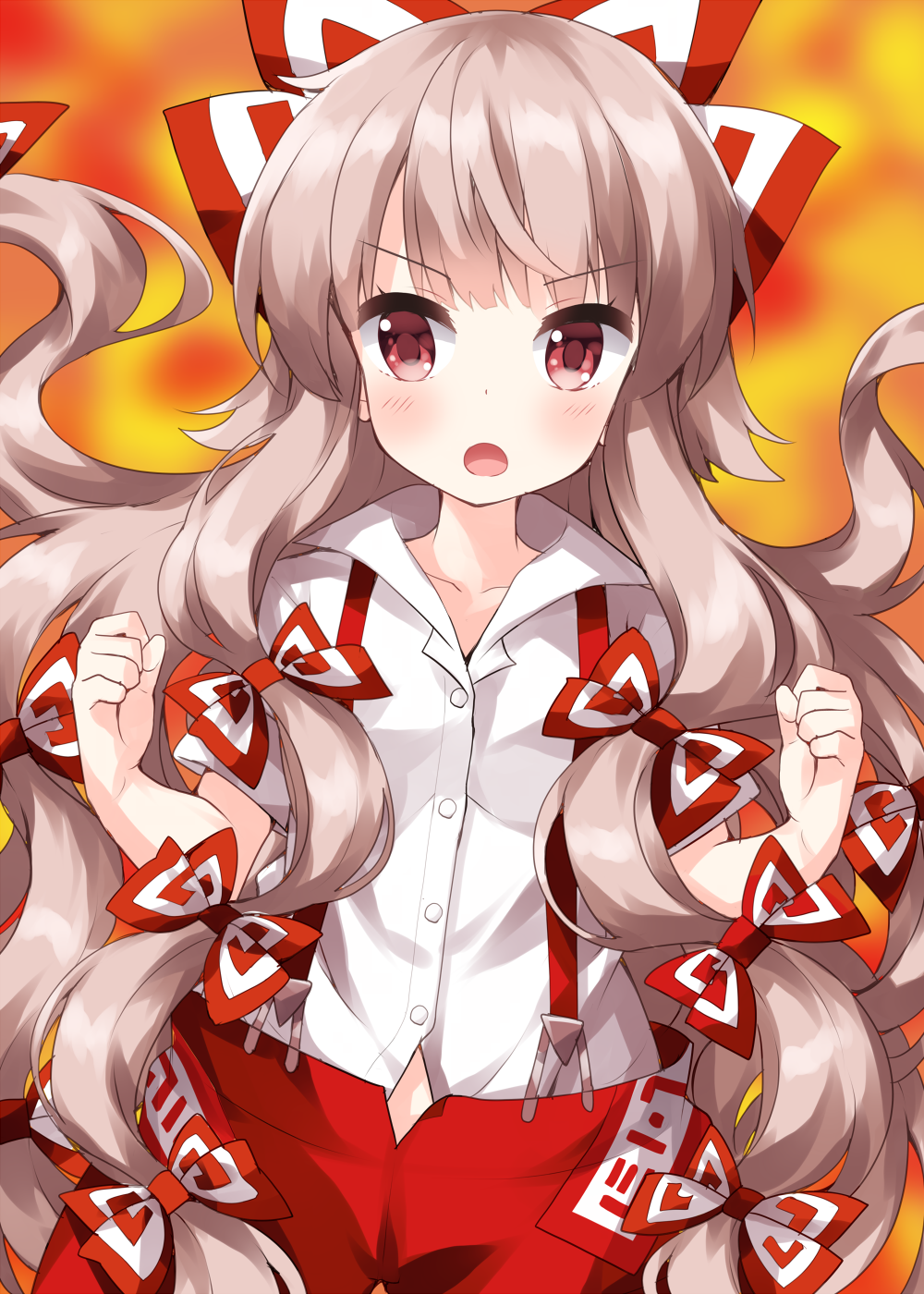 1girl bangs bow cowboy_shot eyebrows_visible_through_hair fiery_background fire fujiwara_no_mokou hair_bow highres long_hair looking_to_the_side multiple_bows ofuda ofuda_on_clothes open_mouth red_eyes ruu_(tksymkw) shirt short_sleeves standing suspenders touhou v-shaped_eyebrows very_long_hair white_shirt