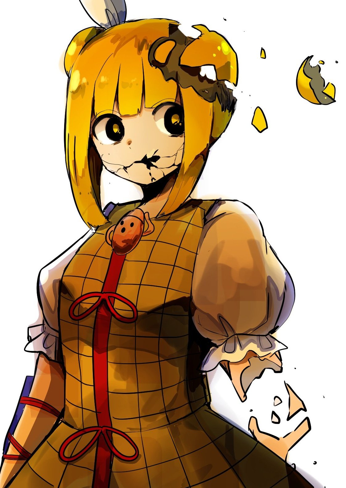 1girl armor bangs black_eyes blonde_hair crack double_bun dress eyebrows_behind_hair haniwa_(statue) highres joutouguu_mayumi kujikimi looking_to_the_side shattered short_hair simple_background solo statue touhou upper_body white_background yellow_dress yellow_pupils