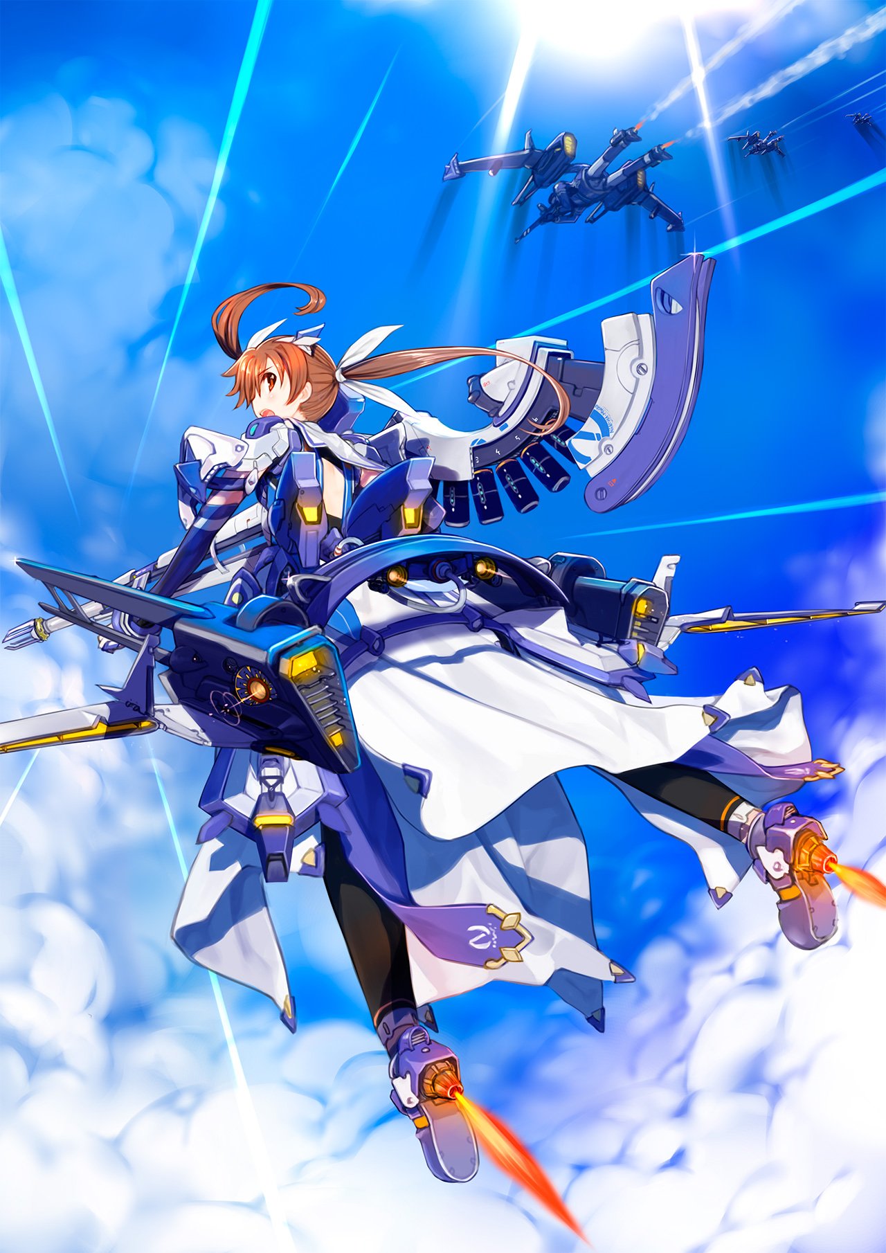 1girl alternate_eye_color black_legwear blue_sky brown_hair clouds commentary_request d: elbow_gloves floating_hair flying from_behind gloves highres long_hair looking_at_viewer looking_back lyrical_nanoha magical_girl mahou_shoujo_lyrical_nanoha_strikers mecha_musume midair mikazuki_akira! open_mouth red_eyes sky solo sun takamachi_nanoha twintails