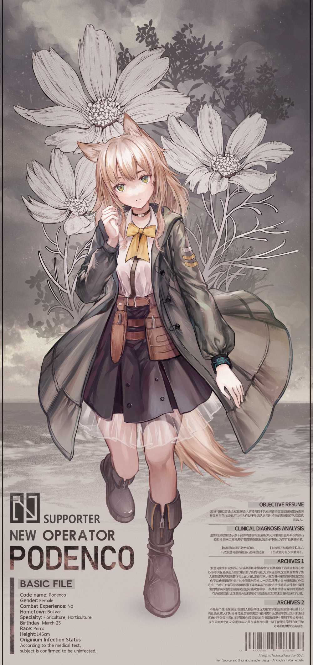 1girl animal_ears arknights bangs belt black_choker black_footwear black_skirt boots breasts character_profile choker co32- dog_ears dog_tail english_commentary expressionless eyebrows_visible_through_hair flower full_body green_eyes green_jacket hair_between_eyes hand_up head_tilt highres infection_monitor_(arknights) jacket knee_boots leg_up long_sleeves looking_at_viewer medium_hair miniskirt neck_ribbon open_clothes open_jacket pleated_skirt podenco_(arknights) ribbon see-through shirt silver_hair skirt small_breasts solo standing tail thigh_strap translation_request utility_belt white_shirt yellow_neckwear yellow_ribbon
