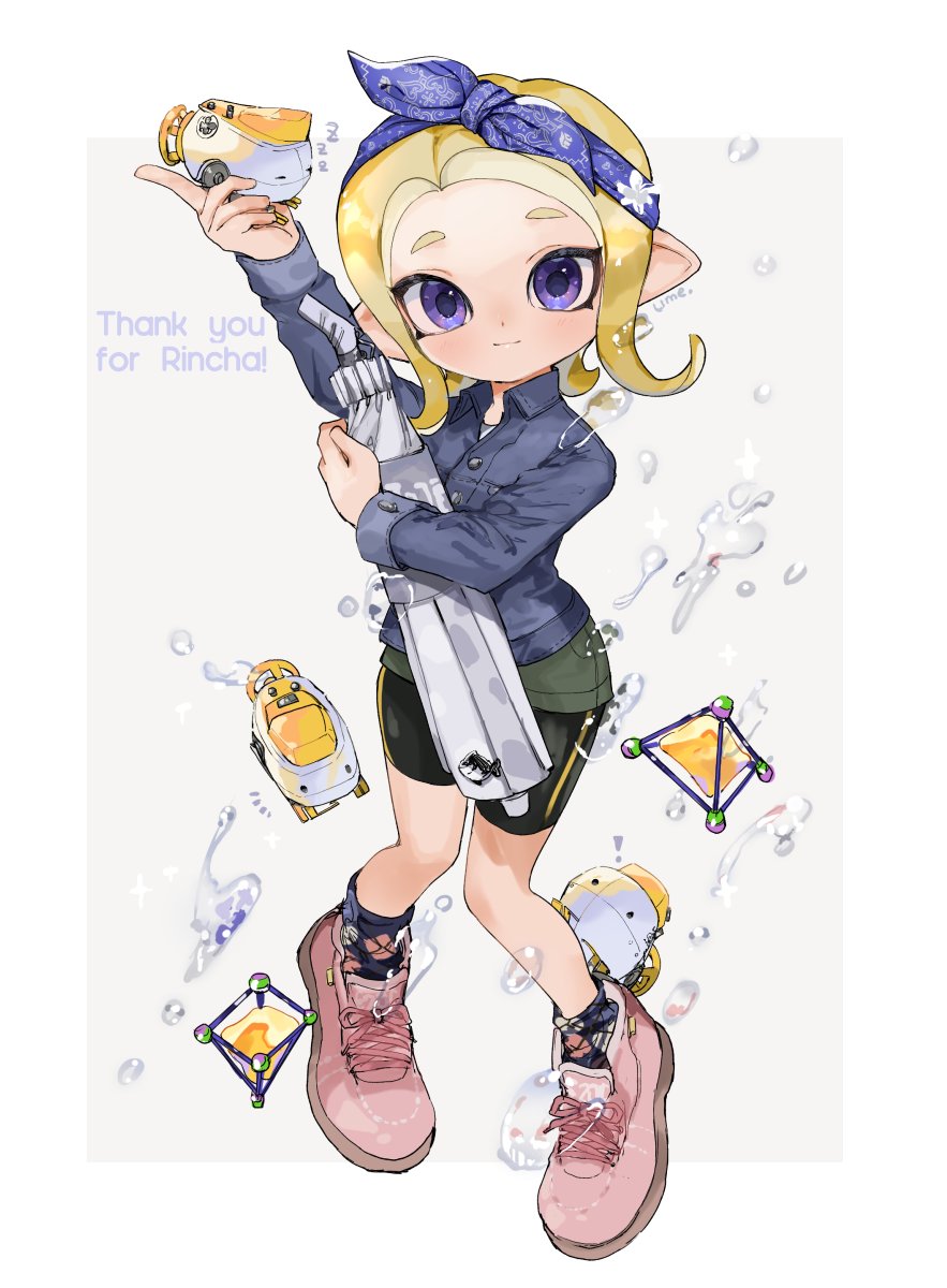 1girl air_bubble ankle_socks arm_up artist_name autobomb_(splatoon) bad_id bad_twitter_id bike_shorts black_legwear black_shorts blonde_hair blue_bandana blue_eyes blue_headband border bubble collared_shirt cross-laced_footwear full_body grey_background grey_shirt grey_skirt headband highres holding holding_umbrella holding_weapon long_sleeves looking_at_viewer makeup mascara medium_hair miniskirt octoling open_mouth outside_border pink_footwear shirt shoes shorts shorts_under_skirt signature single_vertical_stripe skirt smile sneakers solo splat_bomb_(splatoon) splat_brella_(splatoon) splatoon_(series) splatoon_2 standing suction_cups symbol_commentary tentacle_hair umbrella ume_(plumblossom) weapon white_border