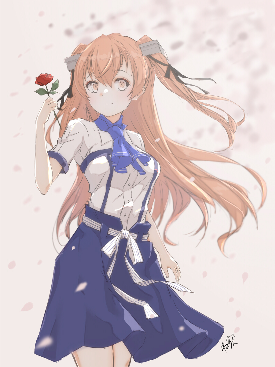 1girl alternate_costume bangs blue_neckwear blue_skirt breasts eyebrows_visible_through_hair flower hair_between_eyes highres holding holding_flower johnston_(kancolle) kantai_collection long_hair medium_breasts neve orange_hair petals red_flower red_rose rose shirt short_sleeves signature simple_background skirt smile solo two_side_up white_shirt