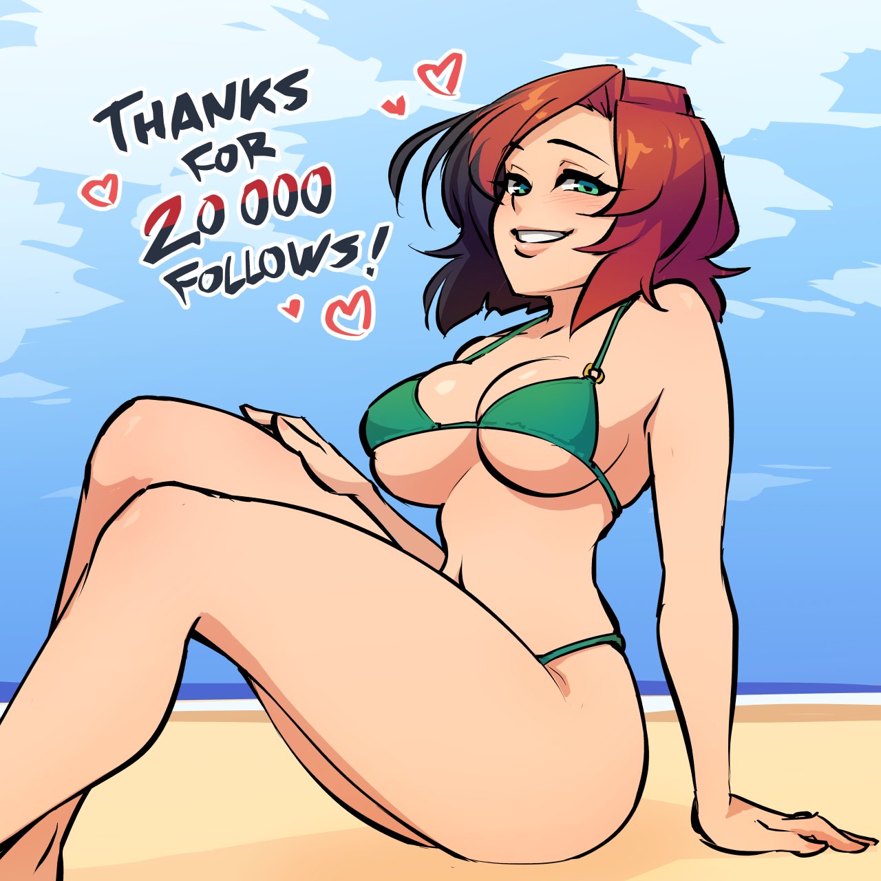 1girl bare_shoulders beach bikini black_hair blue_sky breasts clouds commentary day english_commentary english_text green_bikini green_eyes heart highres large_breasts looking_at_viewer milestone_celebration monorus multicolored_hair o-ring o-ring_bikini original outdoors parted_lips redhead remi_(monorus) short_hair sitting sky smile solo swimsuit thighs two-tone_hair