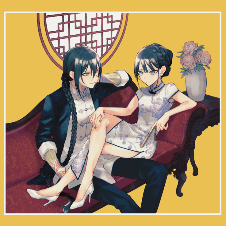 1boy 1girl arm_tattoo bangs black_hair braid braided_bun braided_ponytail breasts china_dress chinese_clothes couch dress earrings eyebrows_visible_through_hair fan fate/grand_order fate_(series) floral_print flower flower_earrings folding_fan green_eyes green_nails hair_between_eyes hand_on_own_knee hanfu high_heels holding holding_fan jacket jewelry jing_ke_(fate) kanitama_(putyourhead) long_hair long_sleeves nail_polish pants ponytail red_flower rose short_sleeves sitting sitting_on_lap sitting_on_person smile table tattoo vase very_long_hair white_flower white_footwear yan_qing_(fate) yellow_background