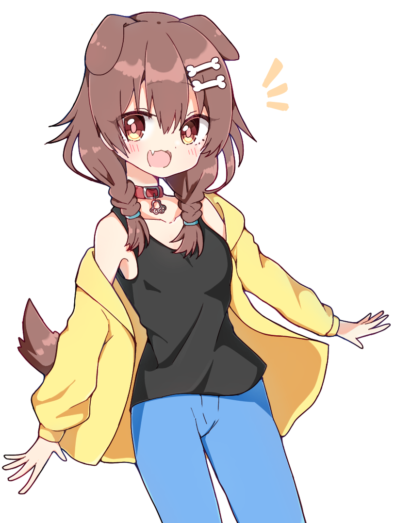 1girl :3 \||/ alternate_costume animal_collar animal_ears bangs black_tank_top blush bracelet braid brown_eyes brown_hair collar denim dog_ears dog_girl dog_tail fang hair_between_eyes hololive inugami_korone jacket jeans jewelry long_hair looking_at_viewer low_twin_braids off_shoulder outstretched_arms pants rabiiandrain red_collar simple_background skin_fang solo spread_arms symbol_commentary tail tank_top twin_braids virtual_youtuber white_background yellow_jacket