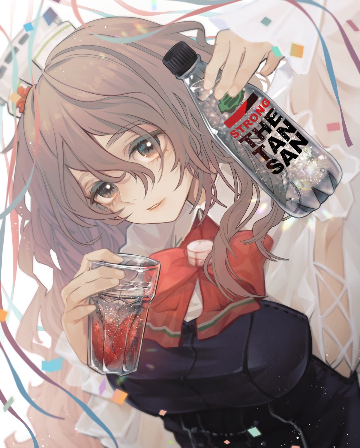1girl alcohol bow bowtie brown_eyes corset drink glass grey_hair hat highres kantai_collection long_hair looking_at_viewer mini_hat pola_(kancolle) red_neckwear ruohire9 shirt solo the_tansan thick_eyebrows tilted_headwear wavy_hair white_shirt