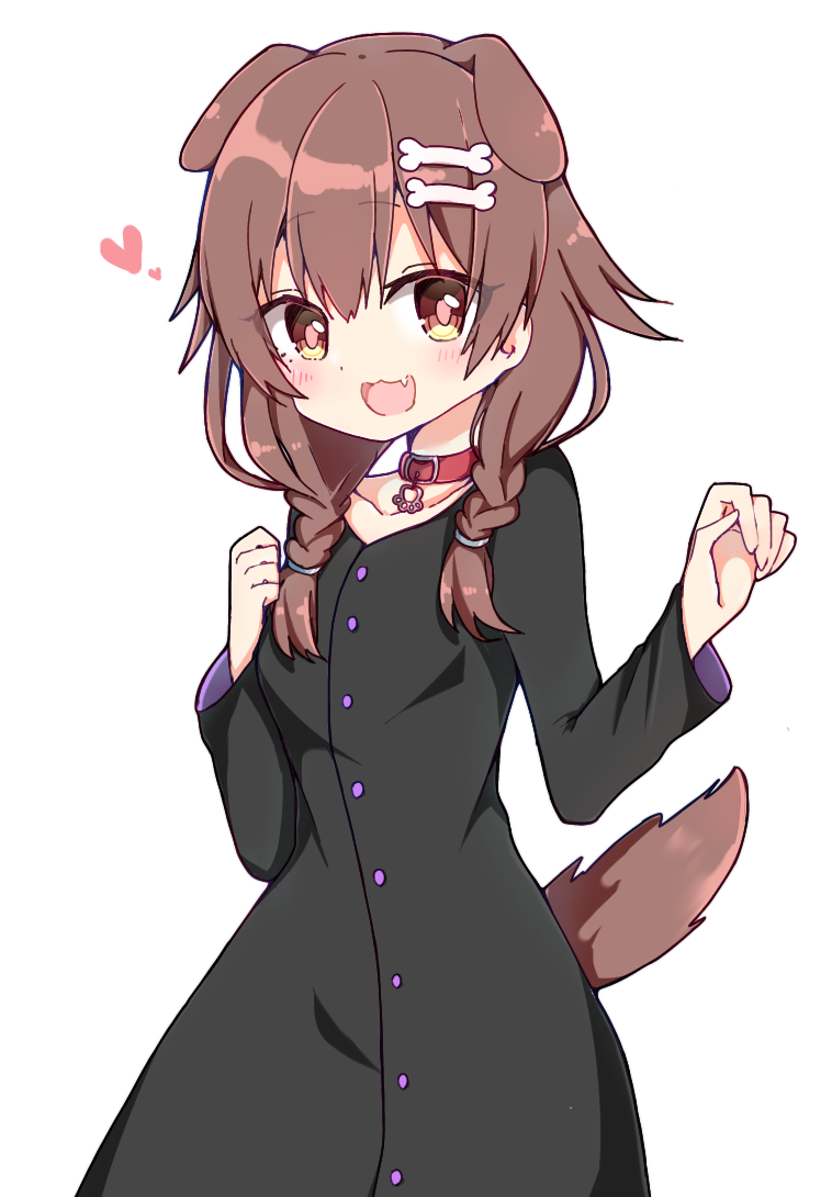 1girl :3 :d alternate_costume animal_collar animal_ears bangs black_dress blush bracelet braid brown_eyes brown_hair buttons collar contrapposto dog_ears dog_girl dog_tail dress fang hair_between_eyes heart hololive inugami_korone jewelry long_hair looking_at_viewer looking_down low_twin_braids open_mouth rabiiandrain red_collar simple_background skin_fang smile solo symbol_commentary tail twin_braids virtual_youtuber w_arms white_background