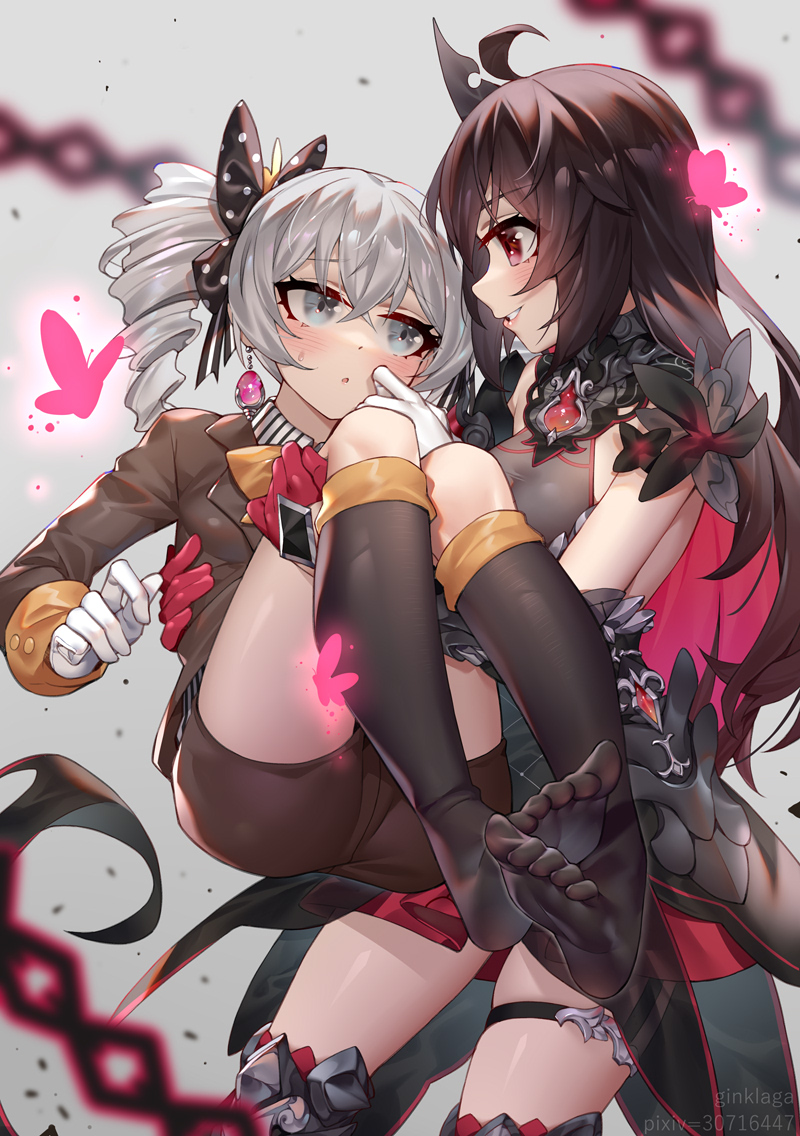 2girls black_legwear blush bronya_zaychik brown_eyes brown_hair bug butterfly carrying chinese_commentary commentary_request drill_hair ginklaga gloves grey_eyes grin honkai_(series) honkai_impact_3rd insect long_hair long_sleeves looking_at_another multicolored_hair multiple_girls no_shoes princess_carry red_gloves redhead seele_vollerei silver_hair smile toes twin_drills two-tone_hair white_gloves yuri