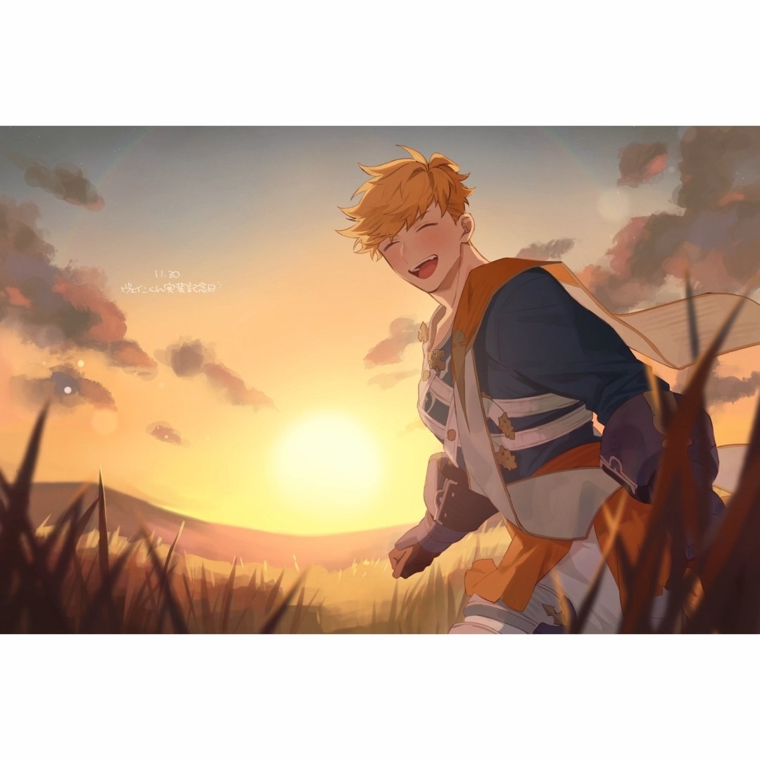 1boy armored_boots artist_name black_shirt blonde_hair boots brown_gloves closed_eyes clouds gloves granblue_fantasy higashigunkan male_focus open_mouth outdoors shirt short_hair sky smile solo sunset translation_request vane_(granblue_fantasy)