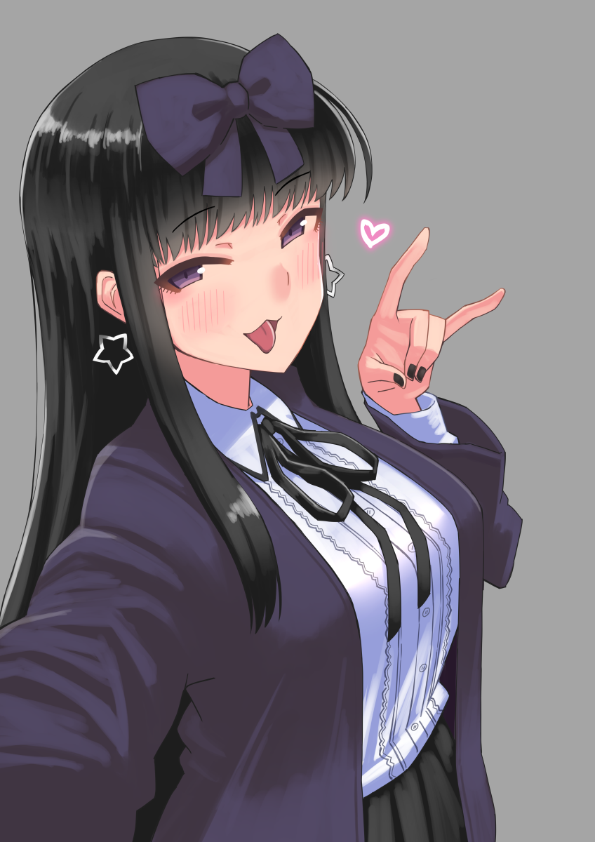 1girl \n/ bangs black_hair black_neckwear black_ribbon black_skirt blunt_bangs blush bow breasts collared_shirt commentary_request cookie_(touhou) earrings eyebrows_visible_through_hair grey_background hair_bow heart highres jacket jewelry long_hair looking_at_viewer medium_breasts neck_ribbon open_mouth outstretched_arm purple_bow purple_jacket ribbon s_ibane shirt shunga_youkyu sidelocks simple_background skirt solo star_(symbol) star_earrings star_sapphire tongue tongue_out touhou upper_body white_shirt