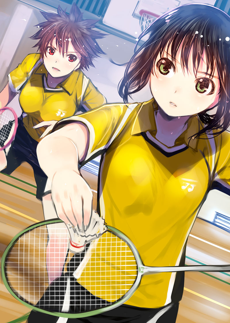 2girls aragaki_nagisa badminton badminton_racket basketball_hoop black_hair brown_hair commentary_request green_eyes gym hanebado! hanesaki_ayano mikazuki_akira! multiple_girls racket red_eyes shirt shorts sportswear sweat yellow_shirt