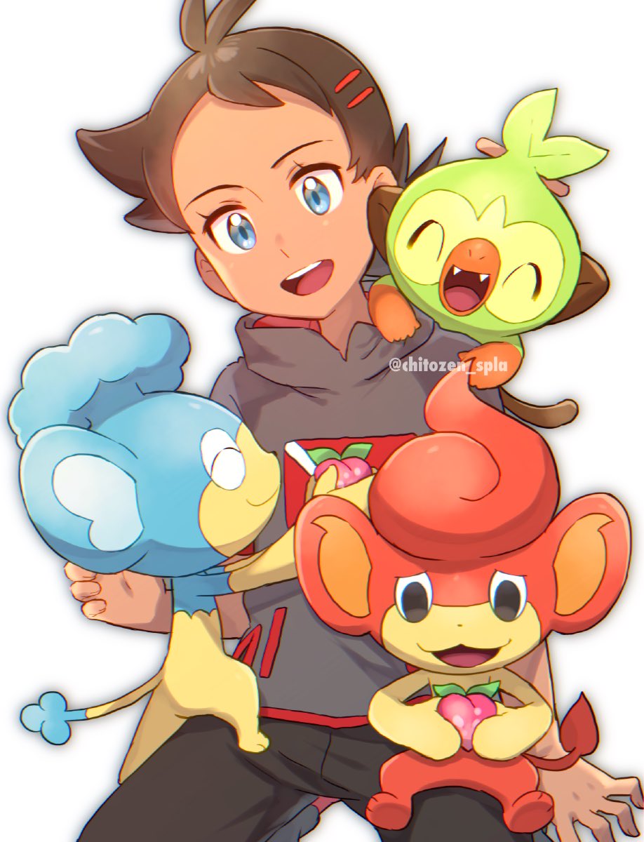 1boy :d antenna_hair artist_name blue_eyes brown_hair chitozen_(pri_zen) commentary_request eyelashes gen_5_pokemon gen_8_pokemon goh_(pokemon) grey_shirt grookey highres male_focus open_mouth pants pokemon pokemon_(anime) pokemon_(creature) pokemon_on_back pokemon_swsh_(anime) shirt short_sleeves simipour simisear smile starter_pokemon tongue upper_teeth watermark