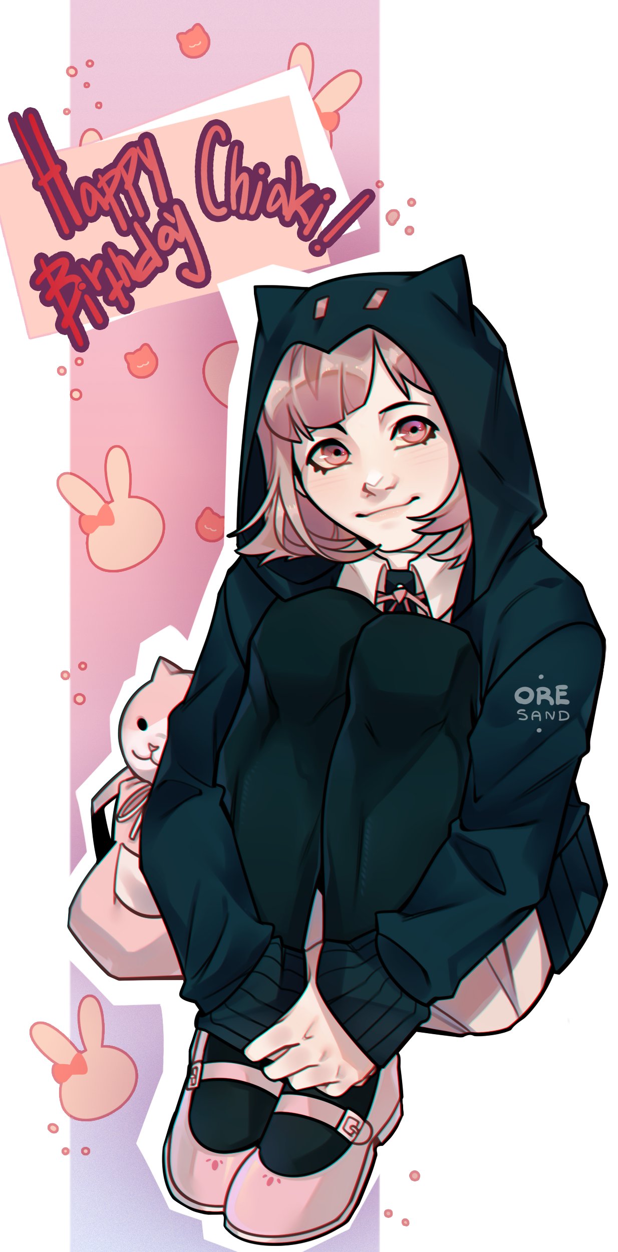 absurdres animal_bag animal_hood animal_print artist_name backpack backpack_removed bag bangs black_jacket black_legwear brown_skirt bunny_print cat_bag cat_hood character_name dangan_ronpa_(series) dangan_ronpa_2:_goodbye_despair flipped_hair happy_birthday highres hood jacket leg_hug long_sleeves looking_at_viewer nanami_chiaki neck_ribbon oresand outline pink_eyes pink_footwear pink_hair pink_ribbon pleated_skirt ribbon shirt shoes skirt smile solo thigh-highs white_background white_outline white_shirt