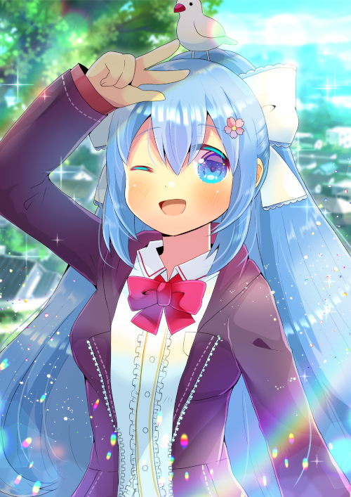 1girl ;d animal_on_head arm_up bangs bird black_jacket blue_eyes blue_hair blurry blurry_background bow breasts center_frills collared_shirt commentary_request day depth_of_field eyebrows_visible_through_hair flower frills hair_between_eyes hair_bow hair_flower hair_ornament jacket kouu_hiyoyo long_hair long_sleeves medium_breasts on_head one_eye_closed open_clothes open_jacket open_mouth original outdoors pink_flower red_bow shirt sleeves_past_wrists smile solo upper_body very_long_hair w white_bow white_shirt