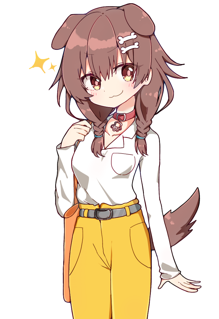 &gt;:) 1girl :3 alternate_costume animal_collar animal_ears bag bangs belt blush bracelet braid brown_eyes brown_hair closed_mouth collar dog_ears dog_girl dog_tail hair_between_eyes handbag hololive inugami_korone jewelry long_hair long_sleeves looking_at_viewer low_twin_braids pants rabiiandrain red_collar shirt simple_background smile solo sparkle symbol_commentary tail twin_braids virtual_youtuber white_background white_shirt yellow_pants