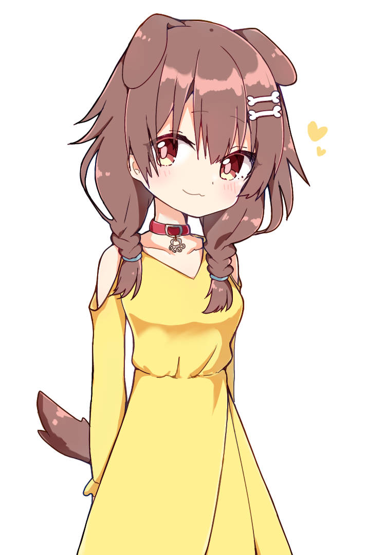 1girl :3 alternate_costume animal_collar animal_ears arms_behind_back bangs bare_shoulders blush bracelet braid brown_eyes brown_hair clothing_cutout collar collarbone cowboy_shot dog_ears dog_girl dog_tail dress hair_between_eyes heart hololive inugami_korone jewelry long_dress long_hair long_sleeves looking_at_viewer low_twin_braids rabiiandrain red_collar shoulder_cutout simple_background solo symbol_commentary tail twin_braids virtual_youtuber white_background yellow_dress