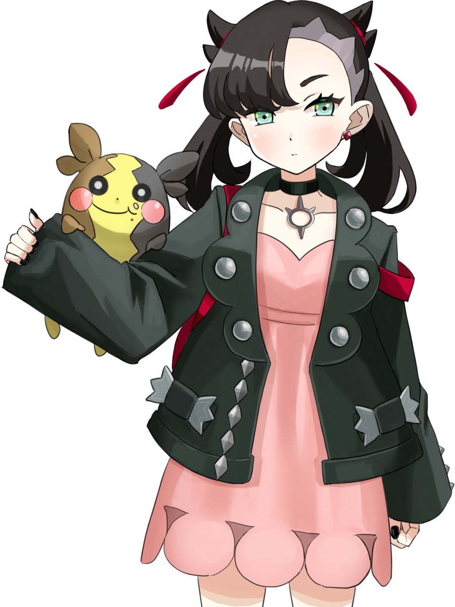 1girl :t arm_at_side asymmetrical_bangs bangs black_choker black_jacket black_nails blush brown_hair choker closed_mouth dress earrings eyelashes food food_on_face gen_8_pokemon green_eyes hair_ribbon highres jacket jewelry marnie_(pokemon) morpeko morpeko_(full) nail_polish open_clothes open_jacket pink_dress pokemon pokemon_(creature) pokemon_(game) pokemon_on_arm pokemon_swsh red_ribbon ribbon setta_shu simple_background white_background