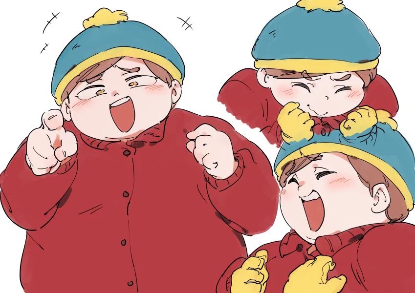 1boy be_(ronironibebe) beanie blush brown_hair closed_eyes eric_cartman gloves hat jacket open_mouth red_jacket short_hair smirk solo south_park