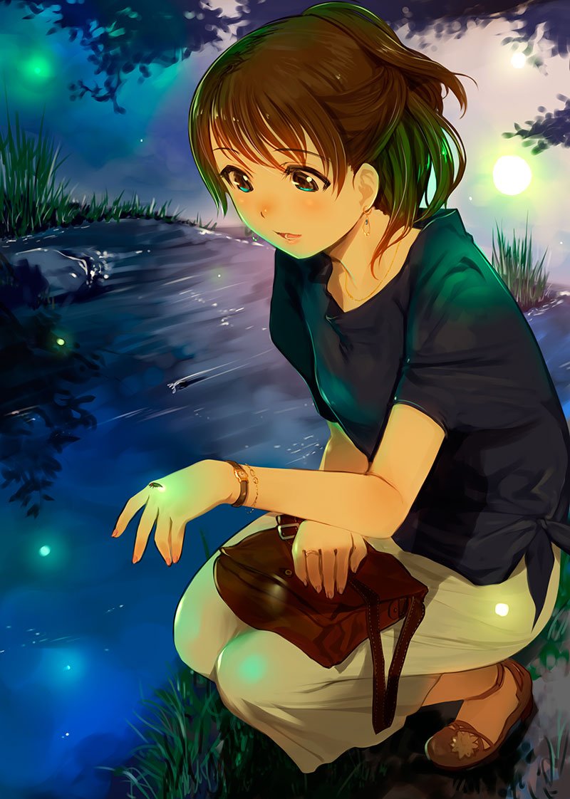 1girl blush brown_hair bug earrings fireflies firefly grass half_updo insect jewelry long_skirt mikazuki_akira! nature necklace open_mouth original ponytail shirt shoes skirt smile solo squatting tied_shirt watch watch water white_skirt