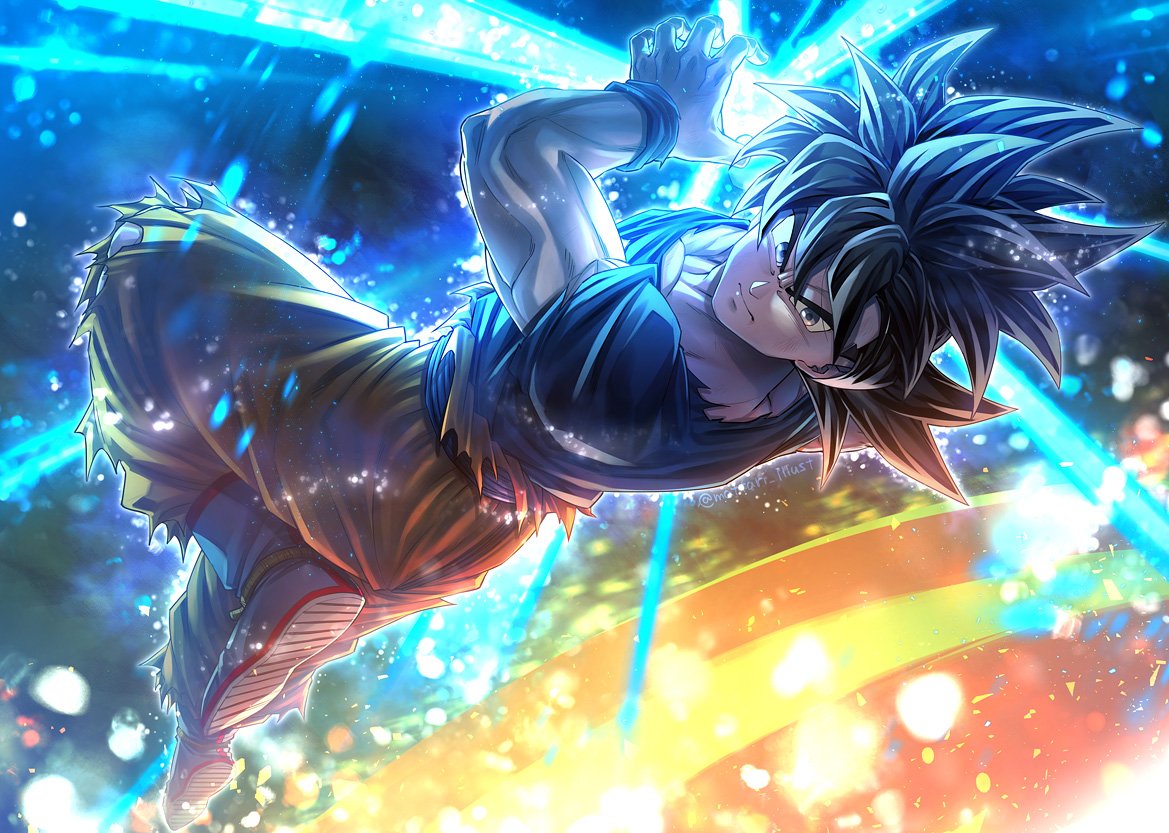 1boy artist_name black_hair blue_shirt closed_mouth commentary dragon_ball dragon_ball_super energy_ball full_body grey_eyes kamehameha leg_up light_particles male_focus mattari_illust muscular muscular_male orange_pants pants plantar_flexion powering_up sash serious shirt shoe_soles short_sleeves solo son_goku torn_clothes torn_pants ultra_instinct wristband