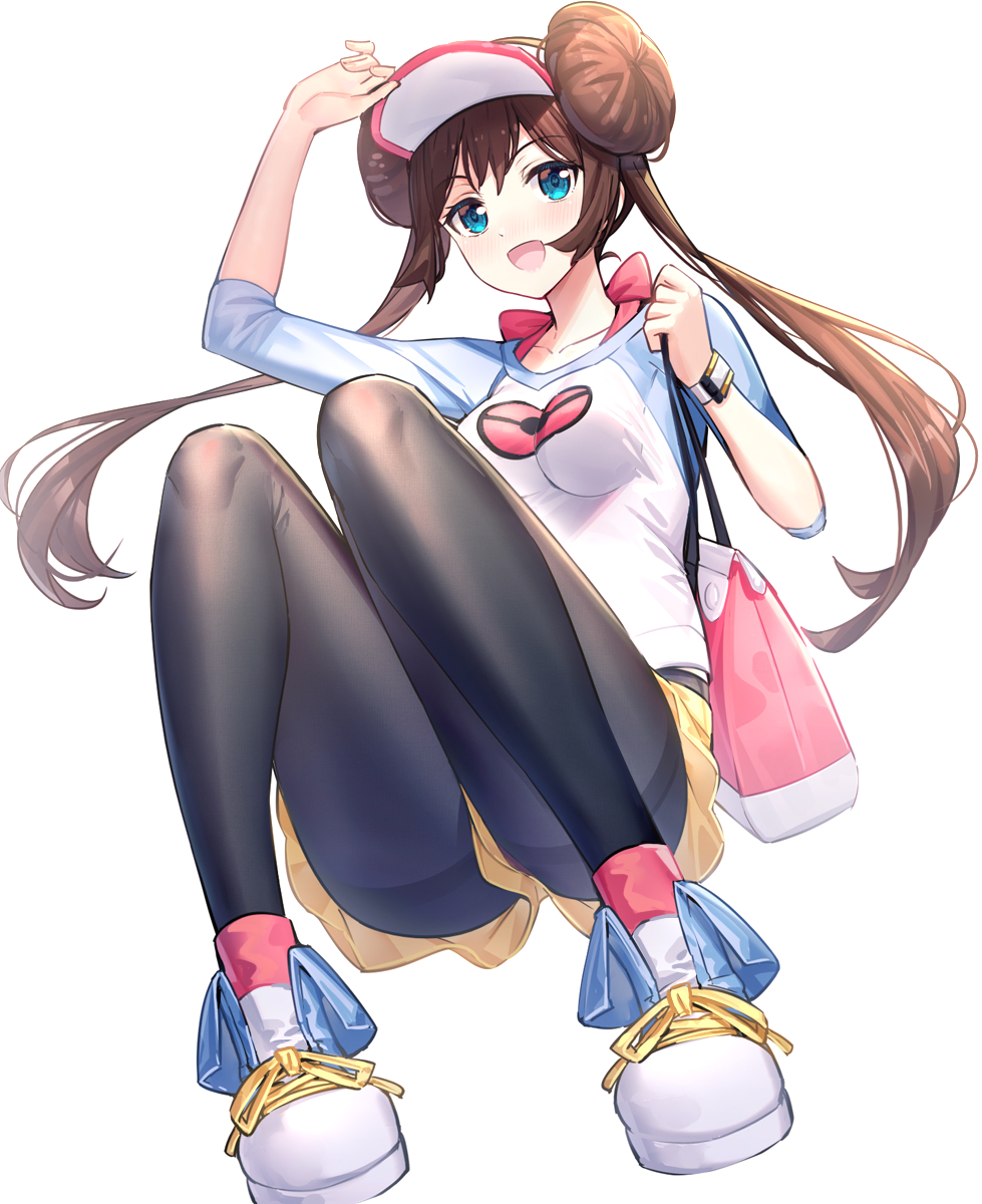 1girl :d arm_up bag bangs black_legwear blue_eyes blush breasts brown_hair commentary_request double_bun eyebrows_visible_through_hair full_body highres knees_up legwear_under_shorts long_hair long_sleeves looking_at_viewer medium_breasts open_mouth pantyhose pokemon pokemon_(game) pokemon_bw2 ririko_(zhuoyandesailaer) rosa_(pokemon) shirt shoes short_shorts shorts simple_background sitting smile solo thighband_pantyhose twintails very_long_hair visor_cap white_background white_footwear white_headwear white_shirt yellow_shorts