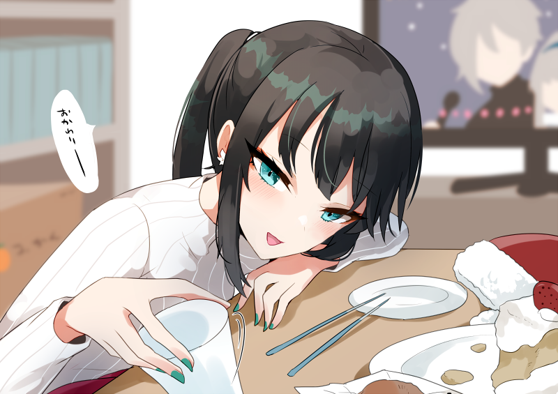 1girl bangs black_hair blurry blurry_background blush cake cake_slice chopsticks commentary_request cup earrings eyebrows_visible_through_hair eyelashes eyeshadow fate/grand_order fate_(series) flower flower_earrings food fruit green_eyes green_nails holding holding_cup jewelry jing_ke_(fate) long_hair long_sleeves looking_at_viewer makeup nail_polish open_mouth plate red_eyeshadow smile solo strawberry television ugetsu_(chimere/marie) white_flower