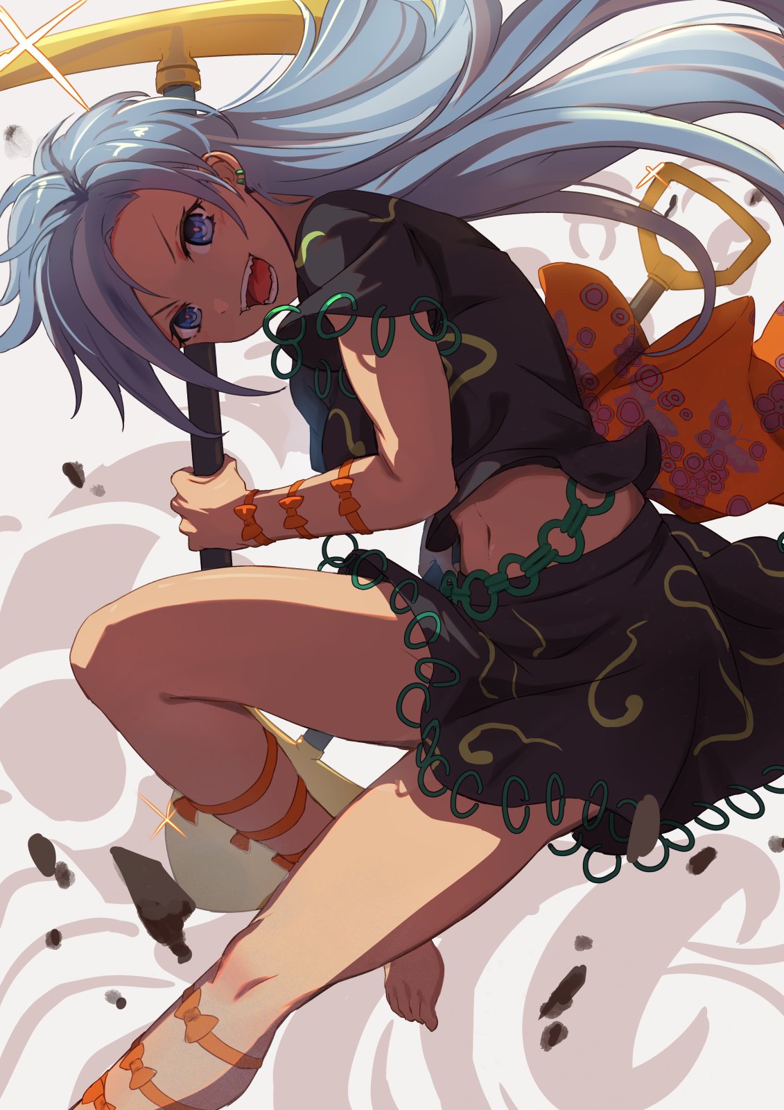 1girl :d bangs black_shirt black_skirt camouflage camouflage_skirt grey_eyes grey_hair highres himemushi_momoyo holding_pickaxe hsin jumping long_hair looking_at_viewer mullet open_mouth pickaxe shirt shovel skirt smile solo tools touhou white_background wrist_bow