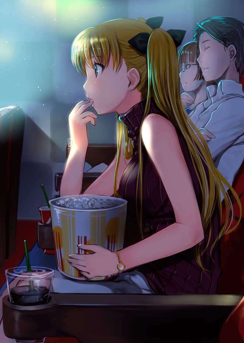 1boy 2girls black_hair blonde_hair casual closed_eyes collared_shirt cup disposable_cup dress_shirt drink drinking_straw eating fate_testarossa glasses hand_on_own_chin lyrical_nanoha mahou_shoujo_lyrical_nanoha_detonation mikazuki_akira! movie_theater multiple_girls ribbed_sweater shirt sitting sleeveless sleeveless_turtleneck sweater turtleneck twintails watch watch white_shirt