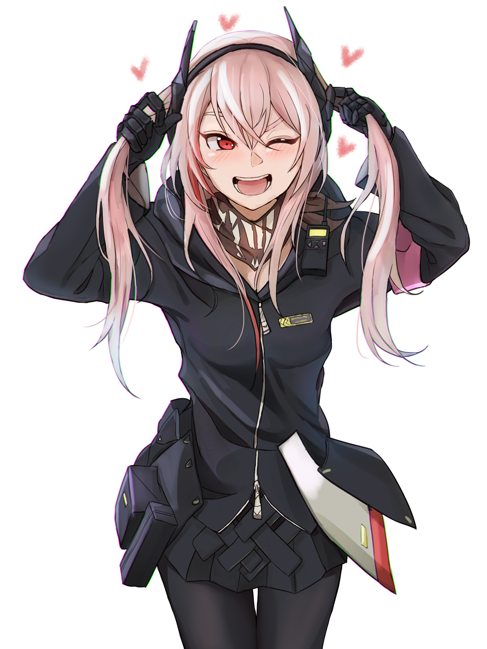 armband bandana black_hoodie black_skirt blonde_hair bunching_hair cowboy_shot girls_frontline headset heart highres hood hood_down hoodie long_hair m4_sopmod_ii_(girls_frontline) mechanical_arms multicolored_hair niac one_eye_closed open_mouth pantyhose red_eyes redhead skirt smile streaked_hair twintails walkie-talkie white_background zipper