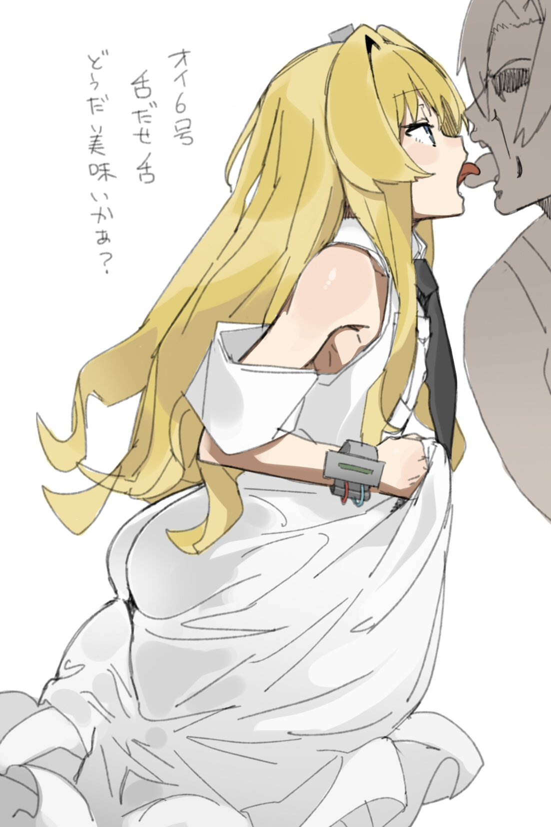 1boy 1girl alice_(sentouin_hakenshimasu!) black_neckwear blonde_hair blue_eyes dress ettone eyebrows_visible_through_hair french_kiss hetero highres kiss long_hair looking_at_another necktie sentouin_hakenshimasu! simple_background solo_focus translation_request white_background white_dress