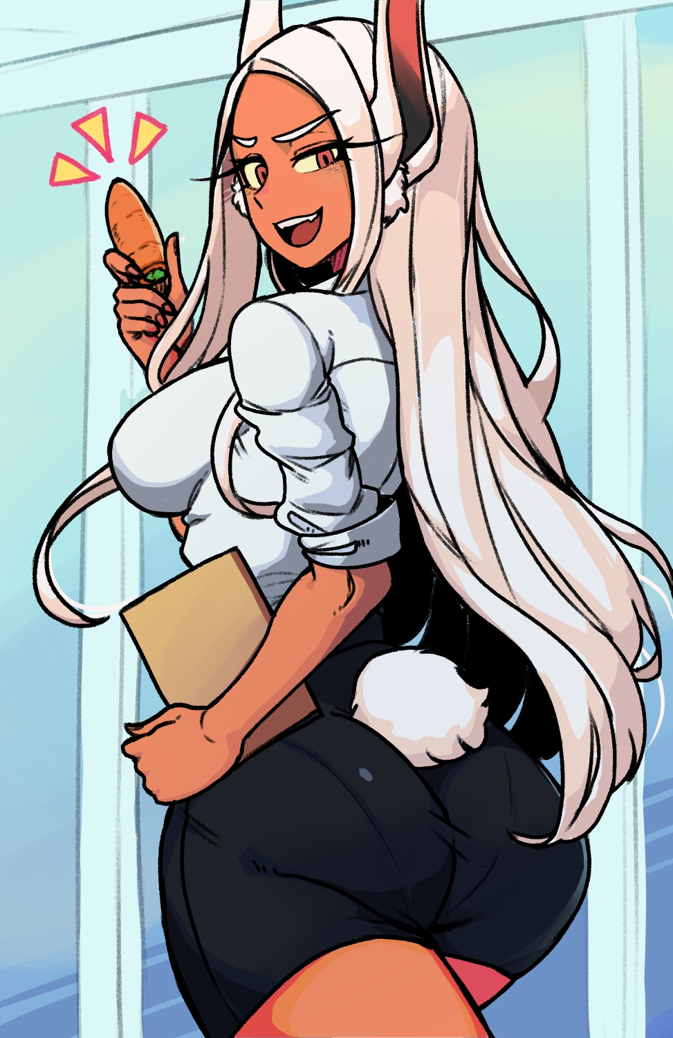 1girl alternate_costume animal_ear_fluff animal_ears bangs boku_no_hero_academia breasts bunny_tail collared_shirt cowboy_shot dark_skin dark-skinned_female emphasis_lines fingernails folder forehead half-closed_eye highres holding_carrot holding_folder indoors long_eyelashes long_hair long_sleeves looking_at_viewer looking_back masgamjya medium_breasts miniskirt mirko office_lady open_mouth outline pantylines parted_bangs pencil_skirt rabbit_ears red_eyes red_nails shiny shiny_clothes shirt sidelocks skirt sleeves_rolled_up smile solo tail teeth thighs very_long_hair walking white_hair wide_hips