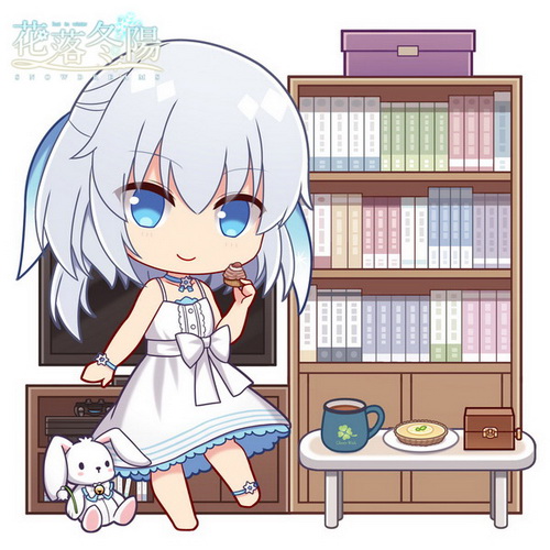 1girl bangs bare_arms bare_shoulders barefoot blue_eyes blue_ribbon bookshelf character_request closed_mouth copyright_name dress eyebrows_visible_through_hair flat_screen_tv food hair_between_eyes hair_ribbon hand_up hitsuki_rei holding holding_food long_hair lowres plate ribbon silver_hair sleeveless sleeveless_dress smile snowdreams_-lost_in_winter- solo standing standing_on_one_leg stuffed_animal stuffed_bunny stuffed_toy table television watermark white_background white_dress