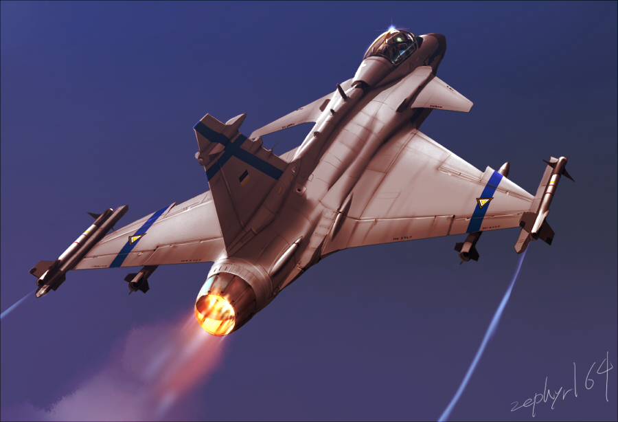 ace_combat ace_combat_zero afterburner aircraft airplane artist_name blue_sky camouflage canards cockpit commentary_request condensation_trail day fighter_jet flying glint helmet jet military military_vehicle missile pilot realistic saab_gripen signature sky solo zephyr164