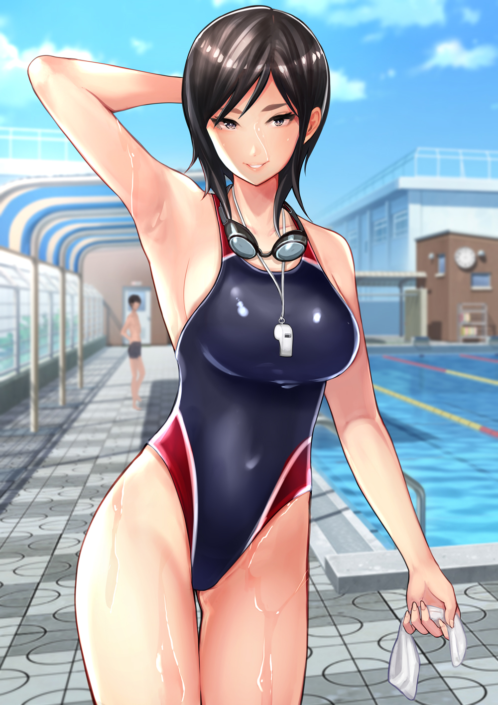 1boy 1girl ama_natsuna arm_behind_head black_eyes black_hair black_swimsuit blue_sky blurry breasts building clouds commentary_request competition_swimsuit cowboy_shot day depth_of_field fence goggles goggles_around_neck highres large_breasts lips looking_at_viewer multicolored multicolored_clothes multicolored_swimsuit one-piece_swimsuit original outdoors parted_lips pool short_hair sky solo_focus swimsuit wet whistle whistle_around_neck