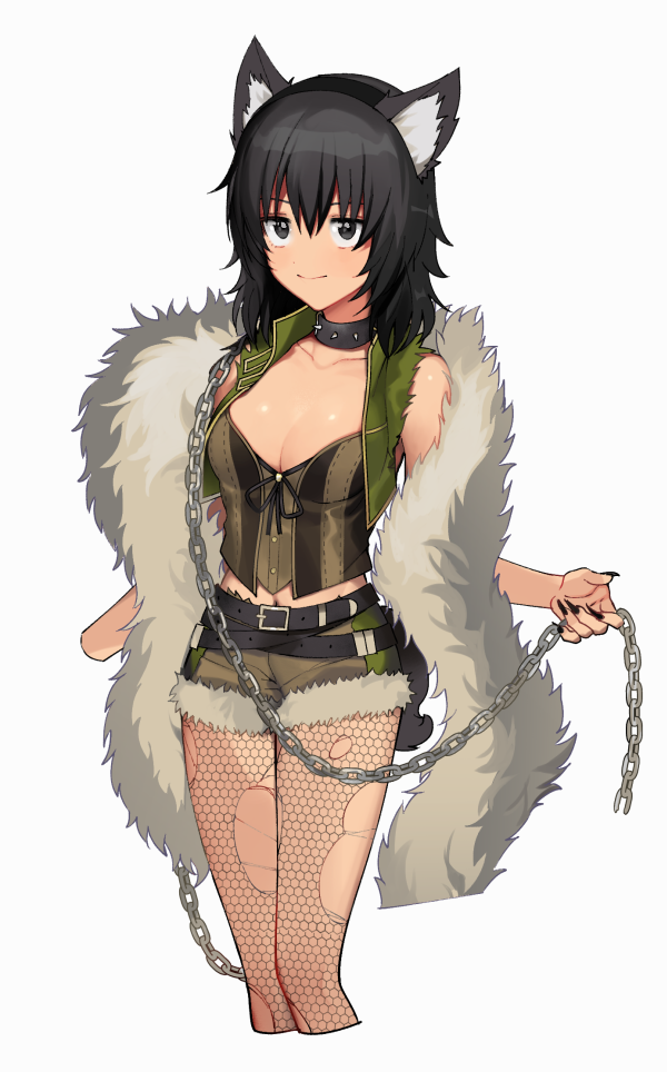 1girl alternate_costume andou_(girls_und_panzer) animal_ears bangs belt black_belt black_coat black_eyes black_hair black_legwear black_nails breasts brown_shirt closed_mouth coat collar cropped_arms cropped_legs cutoffs dark-skinned_female dark_skin fake_animal_ears fake_tail fingernails fishnet_legwear fishnets girls_und_panzer green_jacket green_shorts halloween_costume jacket looking_at_viewer medium_breasts medium_hair messy_hair midriff navel sharp_fingernails shirt short_shorts shorts simple_background smile solo spiked_collar spikes standing tail tan_(inka) torn_clothes torn_legwear torn_sleeves white_background wolf_ears wolf_tail