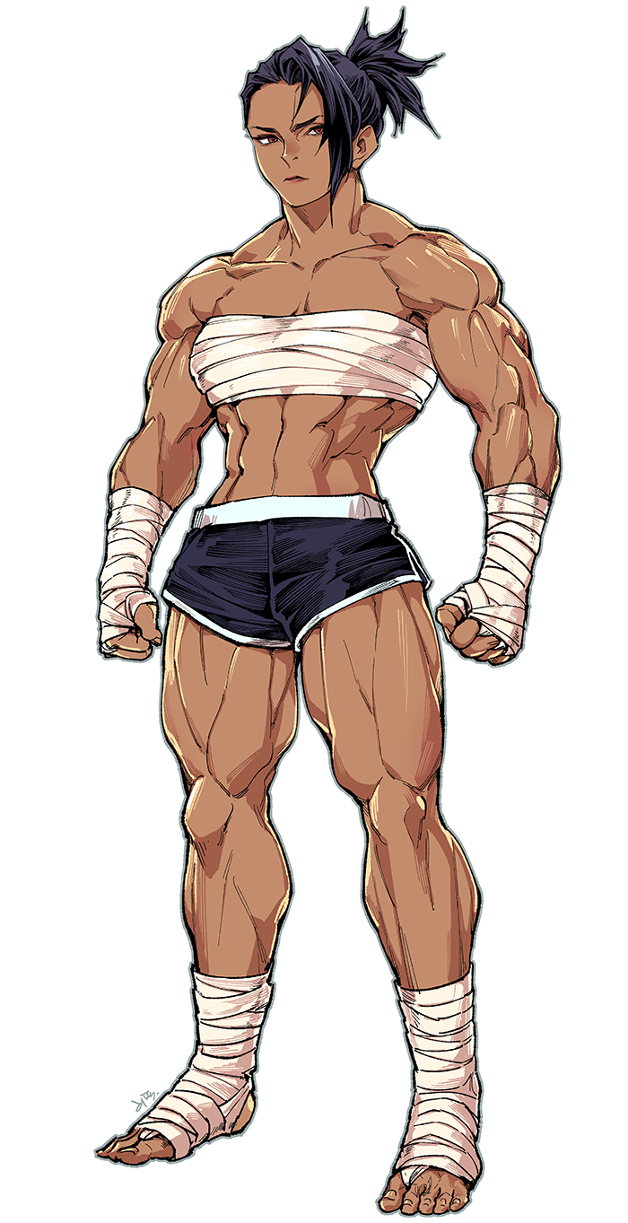 1girl abs bandages bang bare_arms bare_shoulders biceps ears finger_gun highres lips lipstick makeup midriff muscular muscular_female ponytail rheepic shorts shoulders signature tall_female thighs