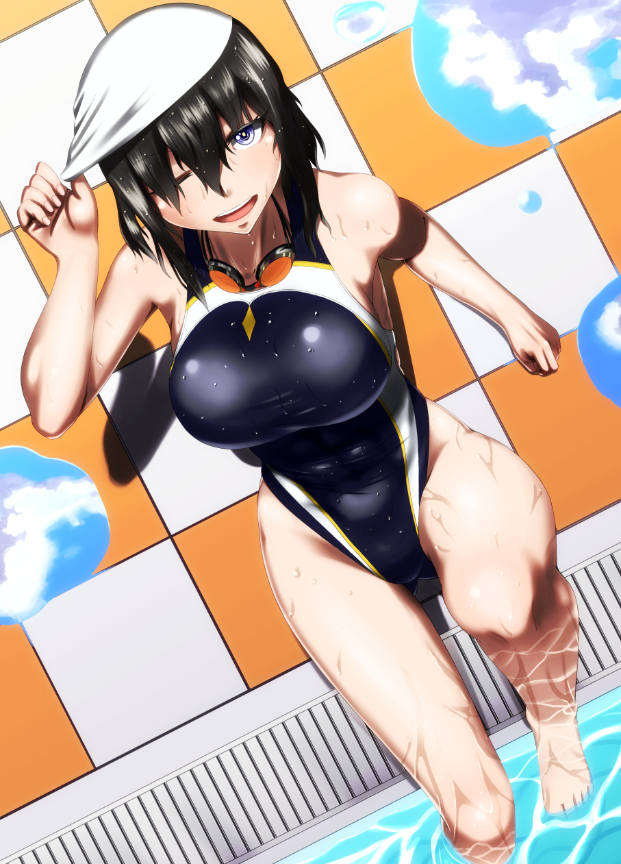 1girl black_hair black_swimsuit breasts commentary_request competition_swimsuit from_above goggles goggles_around_neck highres large_breasts looking_at_viewer m0nsoo00n one-piece_swimsuit one_eye_closed open_mouth original poolside puddle short_hair smile soaking_feet solo swim_cap swimsuit upper_teeth wet white_headwear