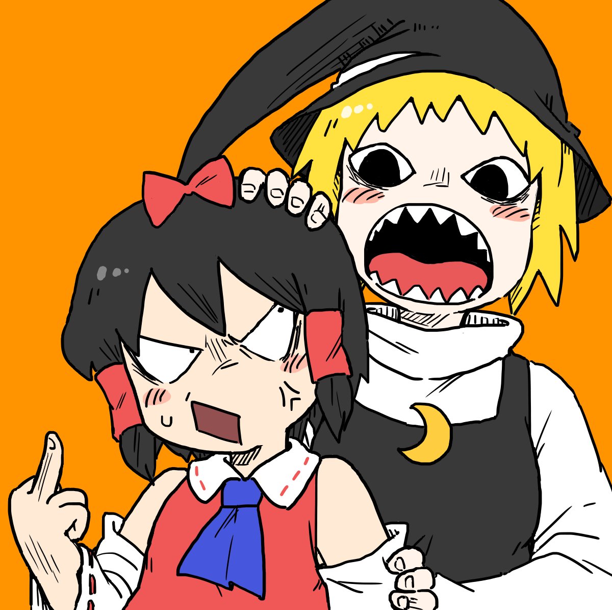 &lt;o&gt;_&lt;o&gt; 2girls anger_vein ascot bangs black_hair black_headwear black_vest blue_neckwear blush bow bseibutsu comedy cookie_(touhou) crescent crescent_pin detached_sleeves gogogo_(cookie) hair_bow hair_tubes hakurei_reimu hand_on_another's_head hat kirisame_marisa long_sleeves looking_at_another looking_back middle_finger multiple_girls nontraditional_miko open_mouth orange_background red_bow red_shirt ribbon-trimmed_sleeves ribbon_trim sharp_teeth shirt short_hair simple_background sleeveless sleeveless_shirt teeth togashi_(cookie) touhou upper_body vest white_shirt witch_hat