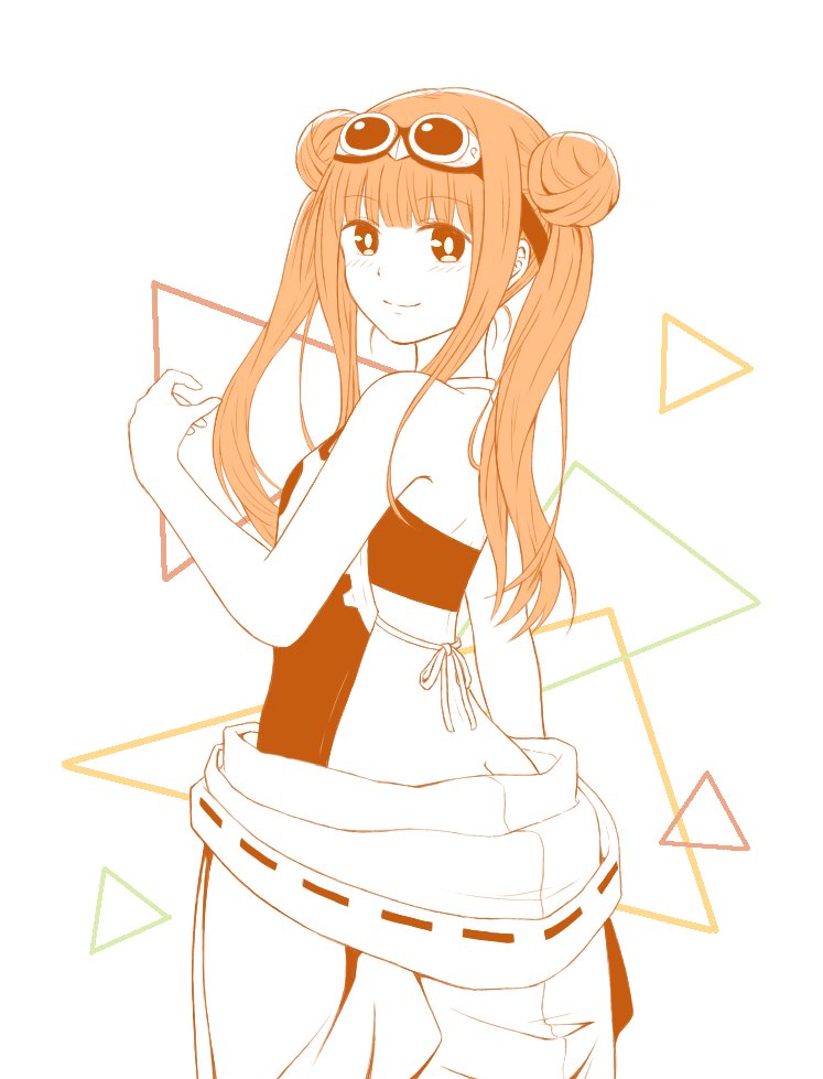 1girl ayakashi_triangle bare_shoulders blush butt_crack commentary_request double_bun goggles goggles_on_head happy headgear korogi_reo long_hair looking_at_viewer nidonej_613 sketch smile solo standing twintails