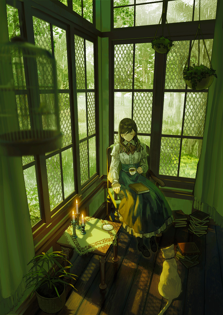 1girl amemura_(caramelo) ascot bangs birdcage black_footwear black_legwear book book_stack brown_hair cage candle candlestand cat closed_eyes cup day dress frilled_dress frills hanging_plant holding holding_cup indoors long_hair long_sleeves original plant potted_plant rain red_neckwear sitting table window