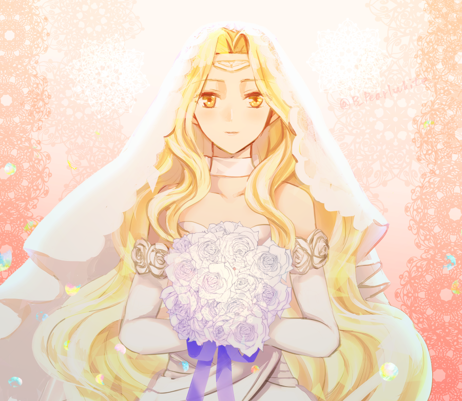 1girl blonde_hair blush bouquet bridal_veil circlet dress edain_(fire_emblem) elbow_gloves fire_emblem fire_emblem:_genealogy_of_the_holy_war flower gloves holding long_hair looking_at_viewer shoochiku_bai simple_background solo veil wavy_hair wedding_dress yellow_eyes