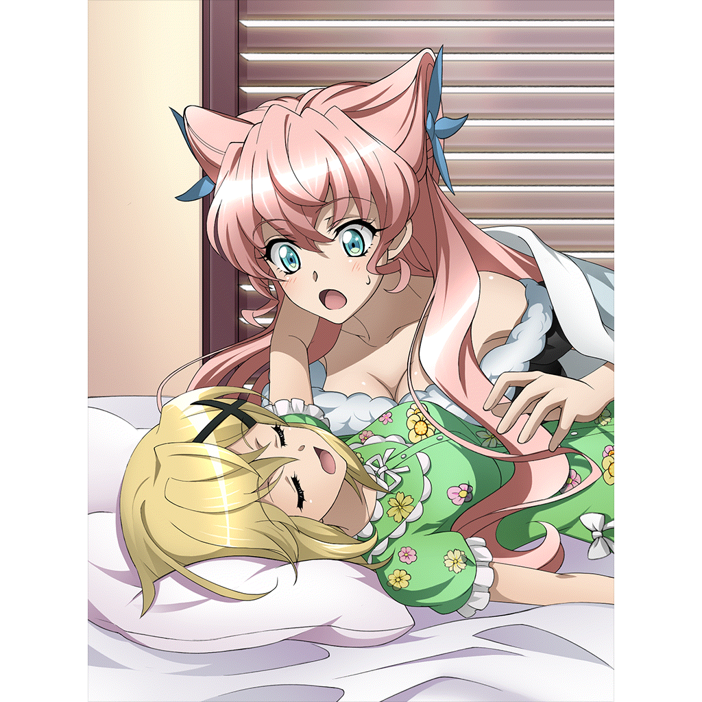 2girls akatsuki_kirika artist_request bare_shoulders bed blonde_hair blue_eyes blush breasts closed_eyes collarbone eyebrows_visible_through_hair flower hair_flower hair_ornament indoors large_breasts long_hair looking_at_another maria_cadenzavna_eve multiple_girls official_art on_bed open_mouth pajamas pink_hair senki_zesshou_symphogear shiny shiny_hair short_hair sleeping sweat x_hair_ornament yuri