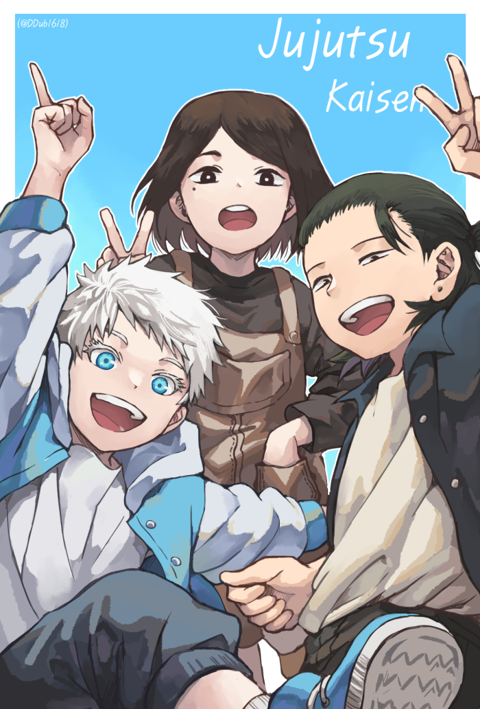 1girl 2boys :d arm_up bangs black_eyes black_hair black_pants black_shirt blue_background blue_eyes blue_footwear border brown_overalls child copyright_name cowboy_shot ddub1618 ear_piercing eyelashes getou_suguru gojou_satoru hand_in_pocket hand_up ieiri_shoko jacket jujutsu_kaisen long_sleeves looking_at_viewer mole mole_under_eye multiple_boys open_mouth pants piercing shirt shoes short_hair simple_background smile standing swept_bangs twitter_username upper_teeth v white_border white_hair white_jacket white_shirt younger